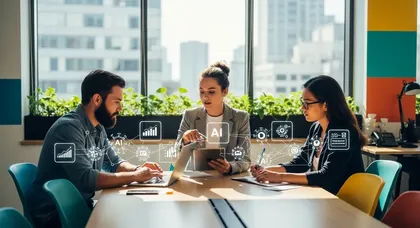 Profissionais analisando dados de IA em reunião corporativa