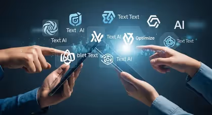 Usuários interagindo com ícones de IA e otimização de texto