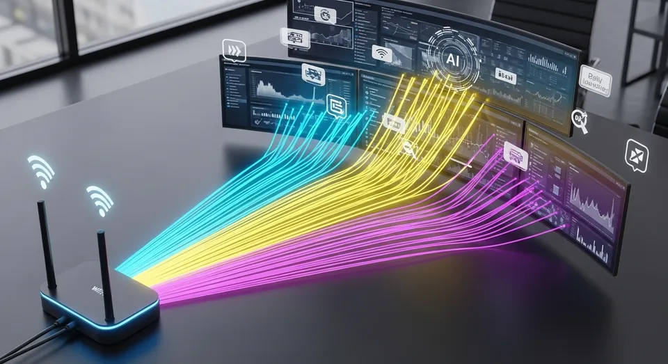 Roteador com fios de dados coloridos e painéis de IA conectados