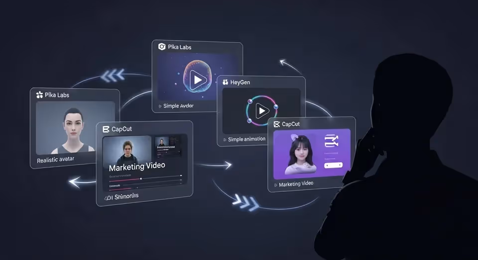 Painel escuro integra Pika Labs, HeyGen e CapCut em workflow