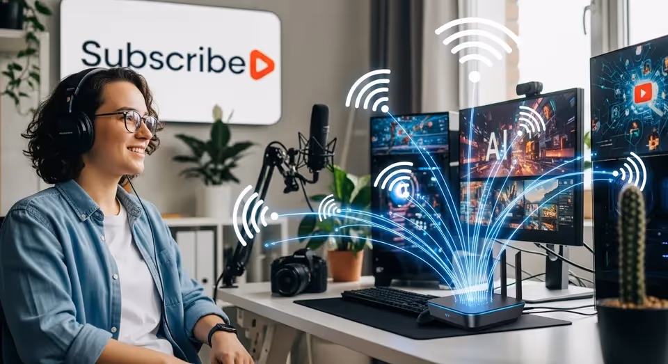 Streamer com fones, Wi-Fi e telas de IA grava para o YouTube