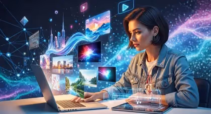 Mulher trabalha no laptop cercada por painéis digitais em IA