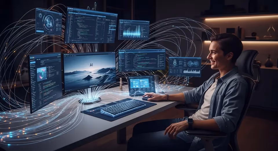 Programador com múltiplos monitores e fluxos de dados IA 24h