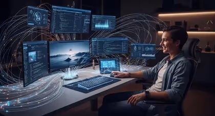 Profissional opera setup com seis telas de IA e dados ativos