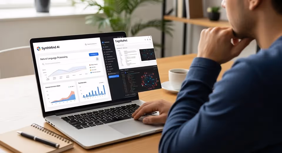 Analista observa dashboards IA e gráficos em notebook aberto
