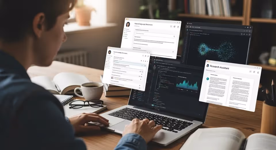 Pesquisador usa notebook com janelas de IA, código e estudos