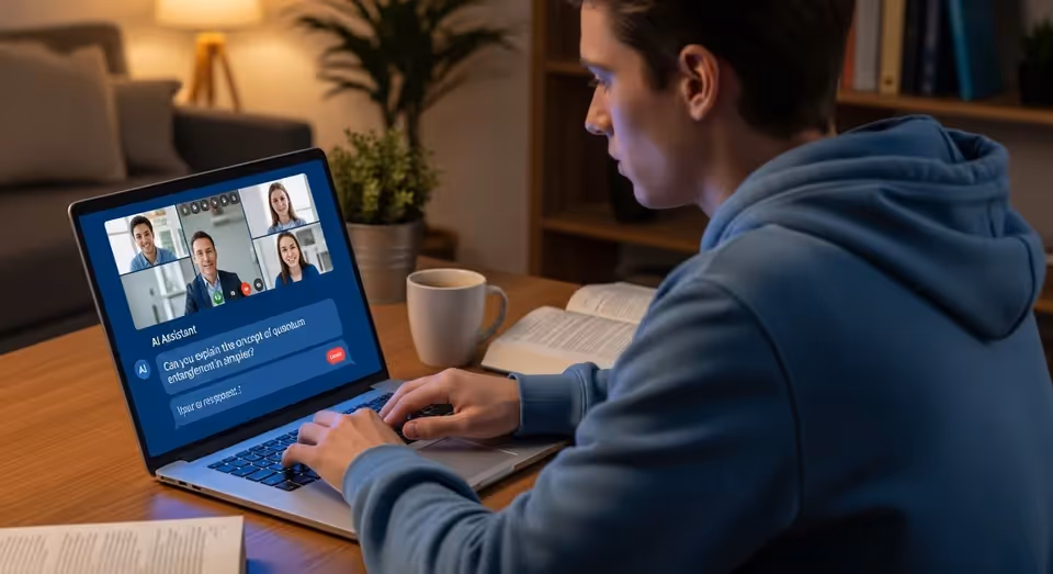 Aluno em videoconferência com IA assistiva no notebook ativo