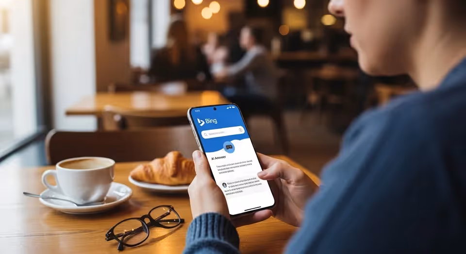 Pessoa pesquisa com Bing AI no celular em cafeteria moderna