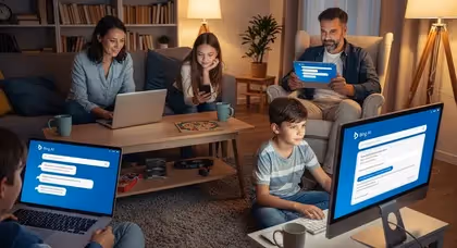 Família conectada interage com Bing AI em casa via múltiplas telas