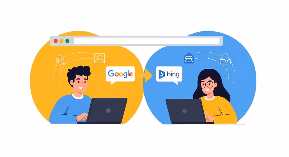 Ilustração compara buscas Google e Bing entre dois usuários