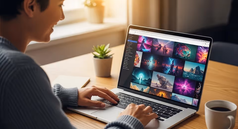 Pessoa navegando por galeria de imagens de arte digital em laptop