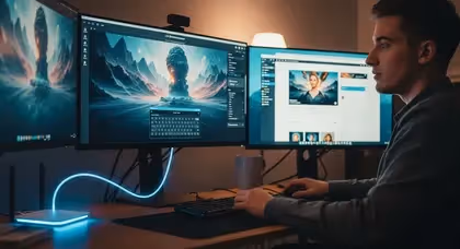 Profissional cria arte digital em monitores com luz azul ambiente