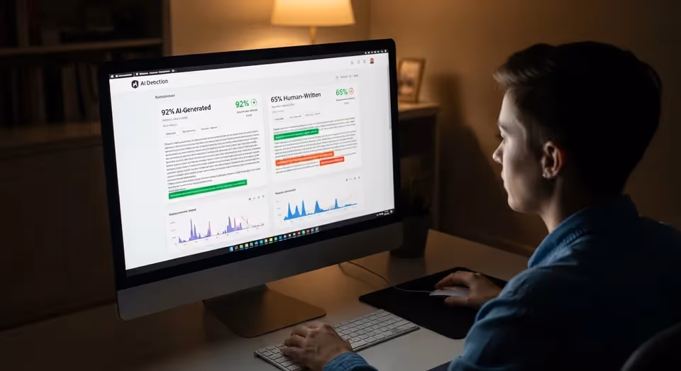 Pessoa analisando relatório de detecção de IA em tela de computador