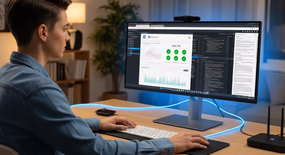 Programador analisando painel de decisão de IA em monitor ultrawide