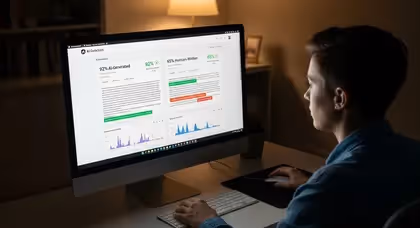 Usuário examinando comparativo entre texto humano e IA