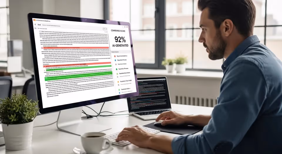 Profissional de dados avaliando relatório com 92 por cento de conteúdo gerado por IA