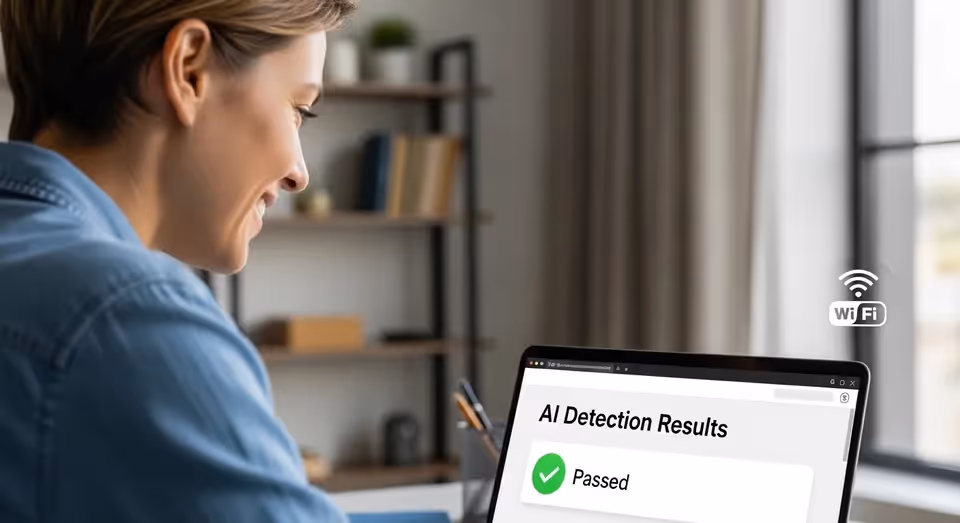 Mulher analisando resultados positivos em ferramenta de detecção de IA