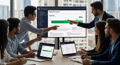 Profissionais de tecnologia avaliando gráficos de IA em reunião corporativa