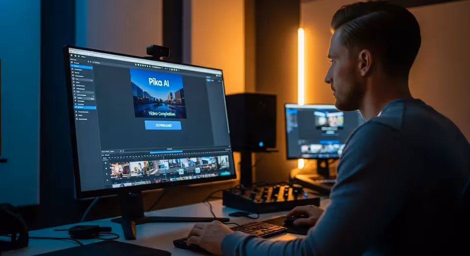 Usuário editando vídeo com ferramenta Pika AI em ambiente de trabalho noturno