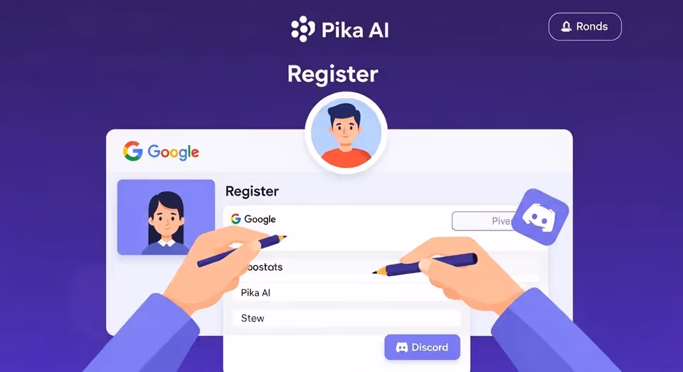 Tela de registro do Pika AI mostrando integração com Google e Discord