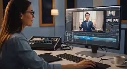 Produtora de conteúdo criando vídeo com avatar de IA em software DeepBrain