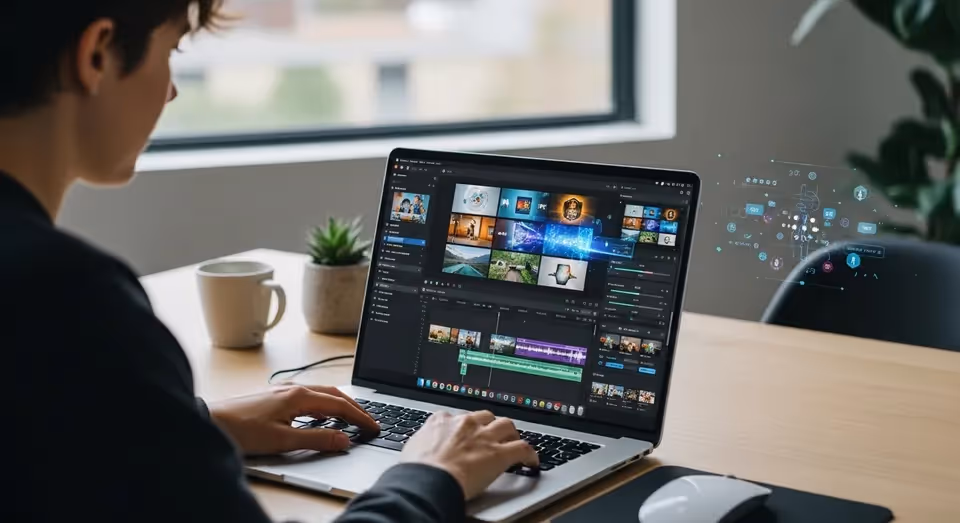 Pessoa usando notebook para editar vídeos com interface moderna e ferramentas de IA