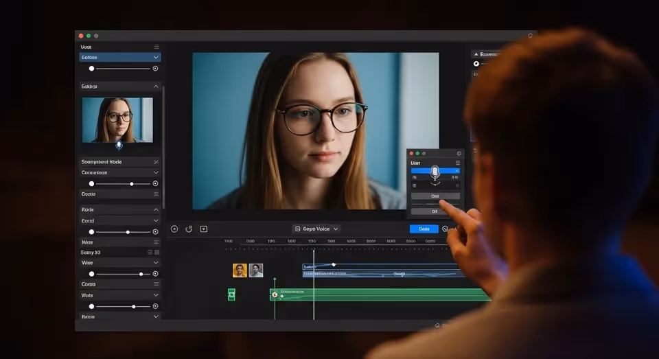 Editor de vídeo ajustando imagem e áudio de retrato feminino em software profissional