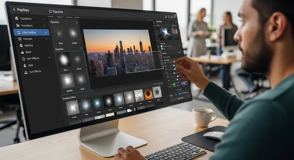 Editor aplicando efeitos visuais e correção de cor em vídeo urbano no FlexClip AI