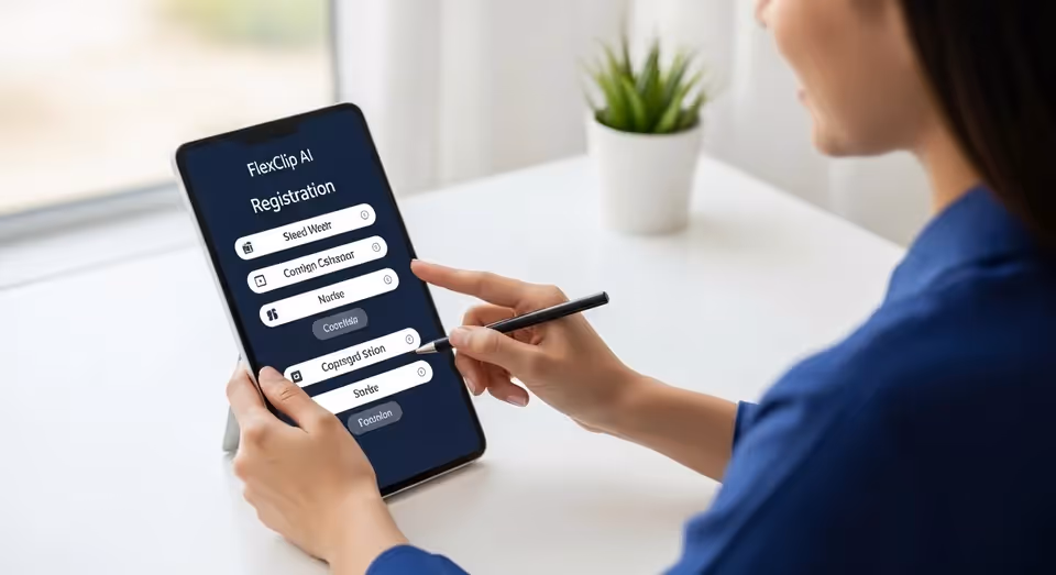 Mulher registrando conta no aplicativo FlexClip AI em tablet