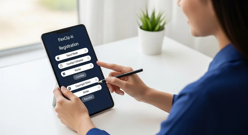 Mulher registrando conta no aplicativo FlexClip AI em tablet