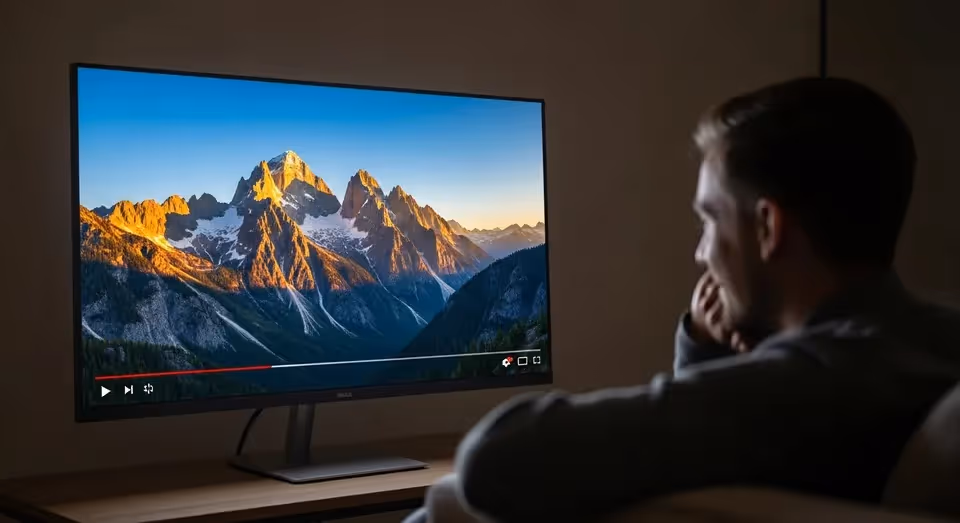 Homem assistindo vídeo de paisagem em alta definição com montanhas nevadas