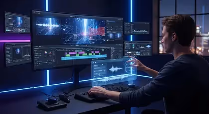 Profissional editando vídeo futurista com interfaces holográficas em múltiplos monitores