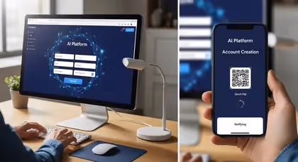 Usuário criando conta em plataforma de inteligência artificial por computador e smartphone com QR Code