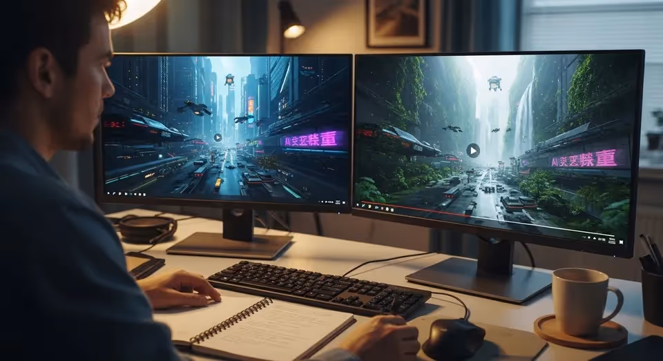 Profissional analisando cena futurista em cidade digital durante edição de vídeo com IA