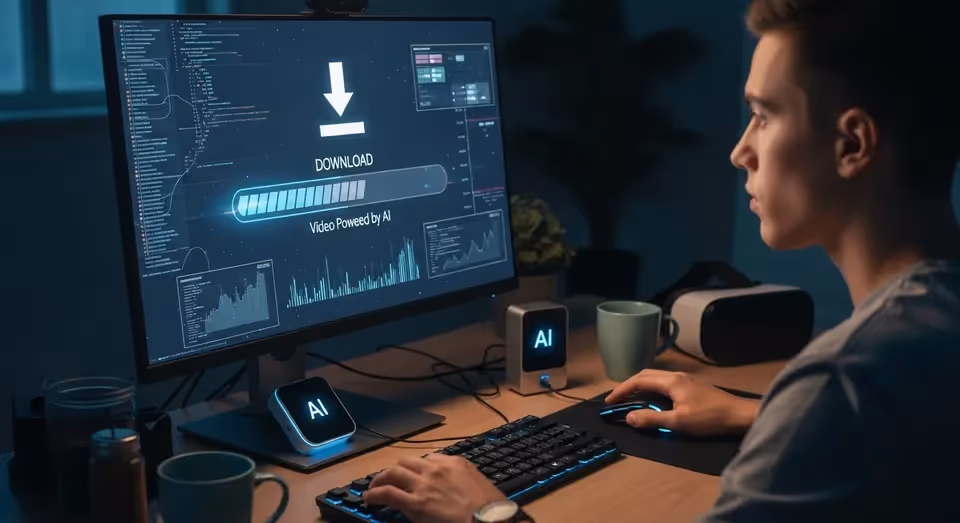 Jovem utilizando computador com tecnologia de inteligência artificial para renderizar e baixar vídeo