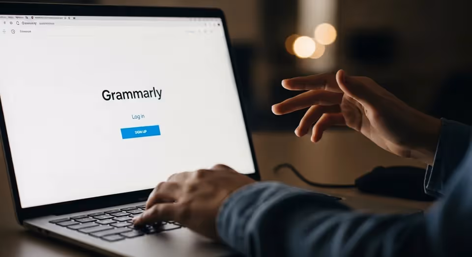 Pessoa digitando em laptop com Grammarly AI exibindo sugestões automáticas de gramática e estilo