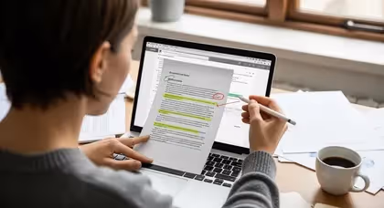 Mulher revisando e destacando trechos de um documento impresso enquanto faz correções no computador