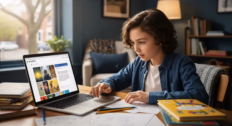 Menino criando livro digital com Storybird AI no laptop