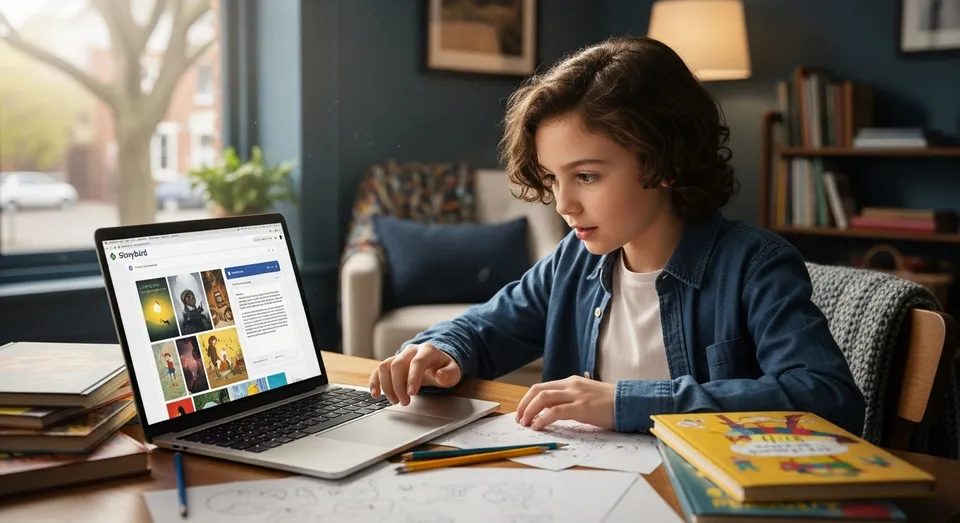 Menino criando livro digital com Storybird AI no laptop