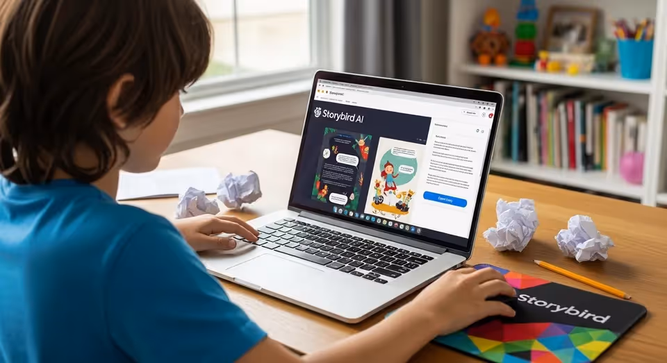 Criança escrevendo histórias no Storybird AI em casa