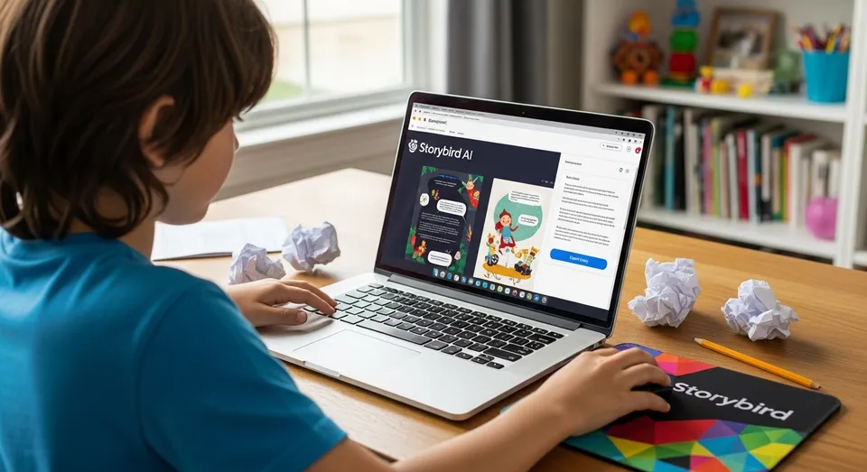 Criança escrevendo histórias no Storybird AI em casa