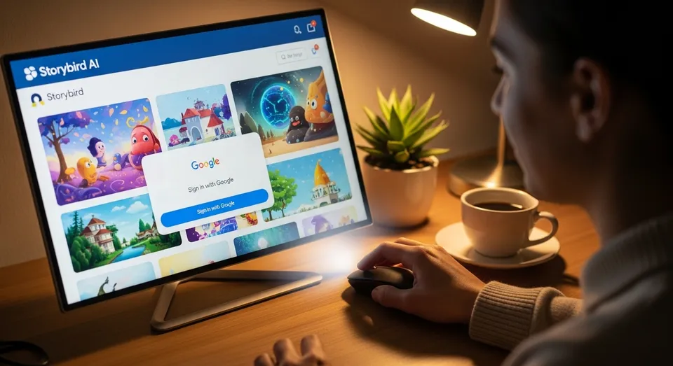 Usuário acessando Storybird AI pelo computador à noite