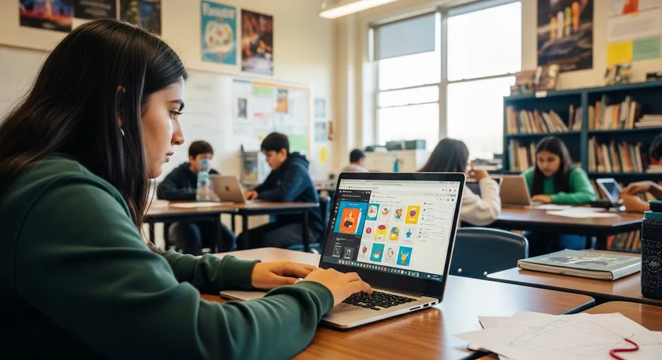 Aluna usando Storybird AI em sala de aula com notebook