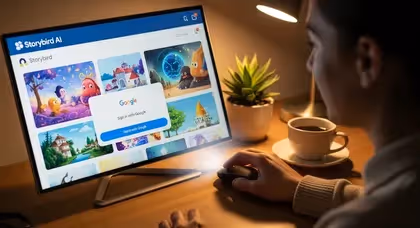Usuário acessando Storybird AI pelo computador à noite