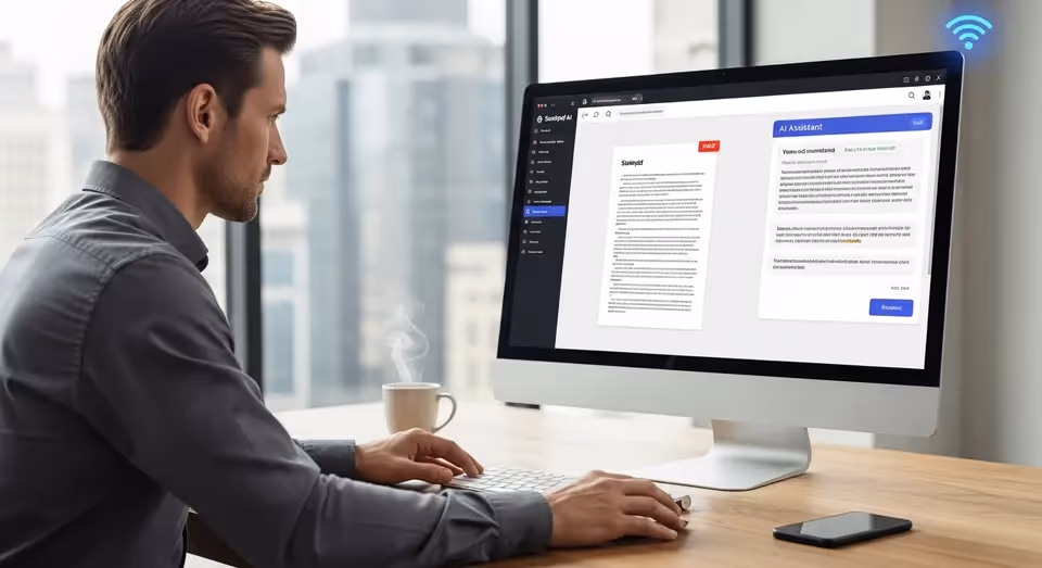 Homem usando Smallpdf AI para editar e resumir documentos PDF