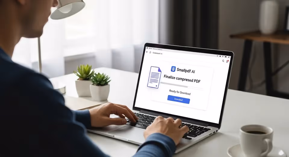 Usuário finalizando compressão de arquivo PDF no Smallpdf AI