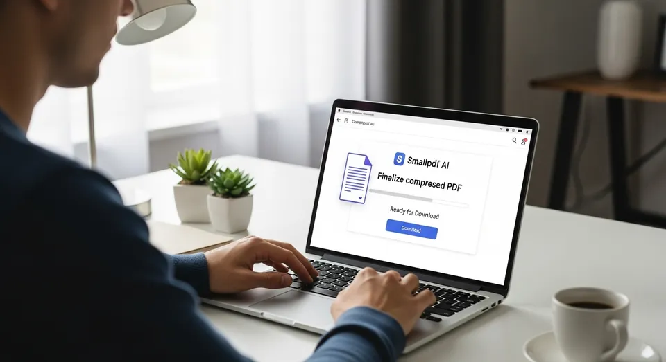 Usuário finalizando compressão de arquivo PDF no Smallpdf AI
