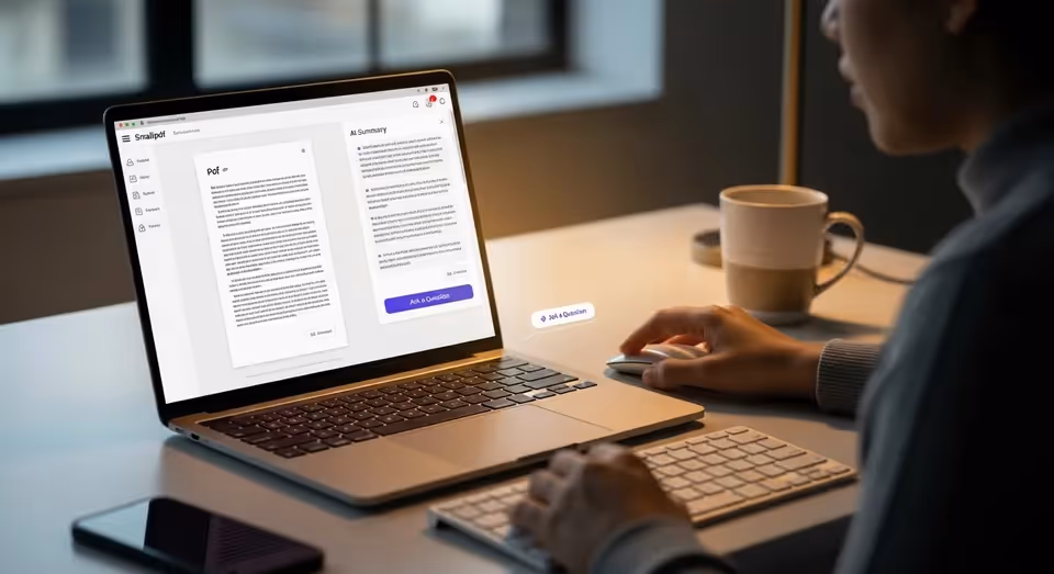 Pessoa analisando PDF com Smallpdf AI no notebook à noite