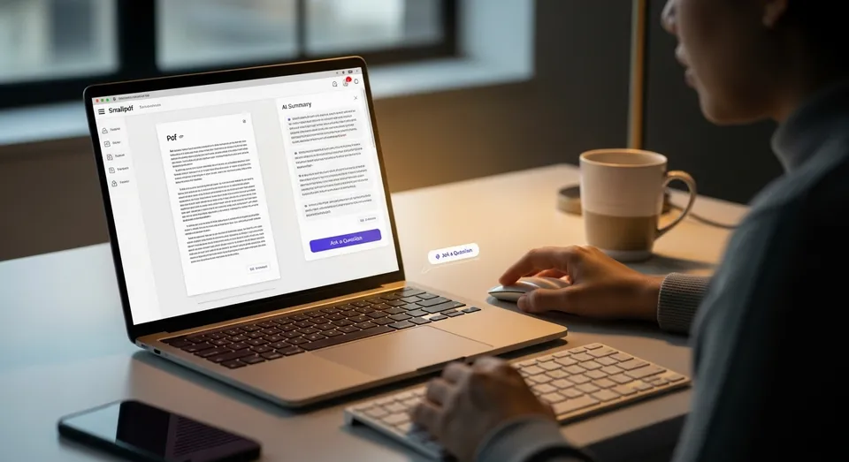 Pessoa analisando PDF com Smallpdf AI no notebook à noite