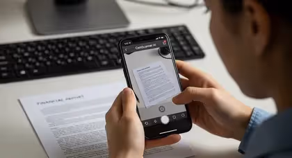 Pessoa escaneando relatório com CamScanner AI no smartphone